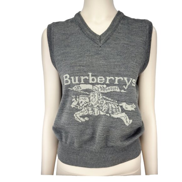 Burberry Sweaters - BURBERRYS Vintage 90's Scotland Prorsum Logo Wool V-Neck Gray Sweater Vest Sz 40